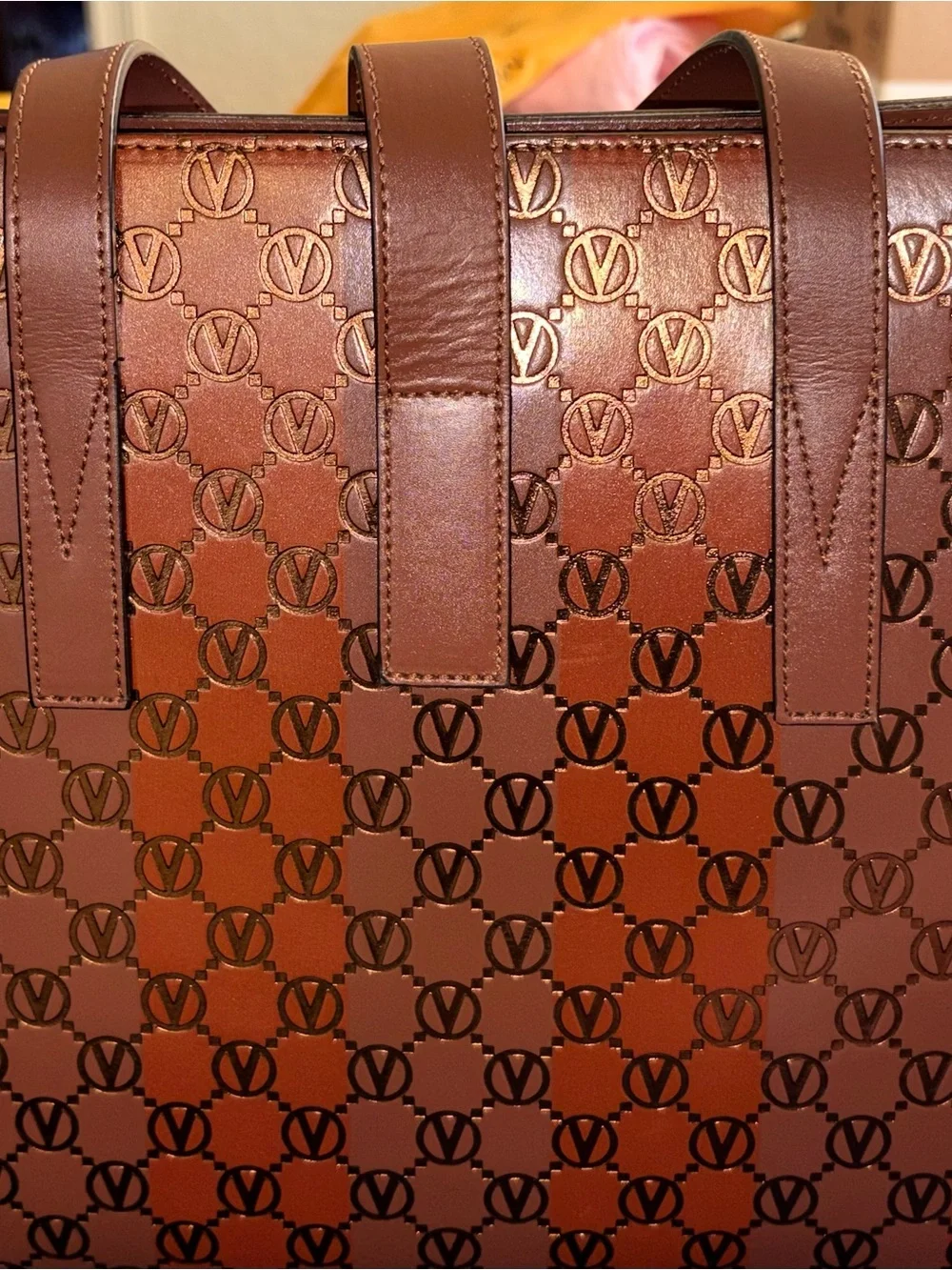 Mario Valentino Spa Brown Monogram Leather Tote with Gold Hardware